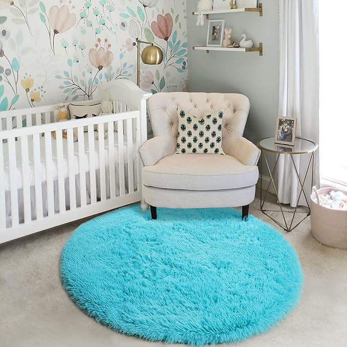 Blue Round Rug 5Ft for Bedroom, Washable Fluffy Circle Area Rugs for Kids Room Baby Nursery Playroom, Living Room Decor Aesthetic, Plush Shaggy Fuzzy Turquoise Carpet for Apartment Preppy Classroom