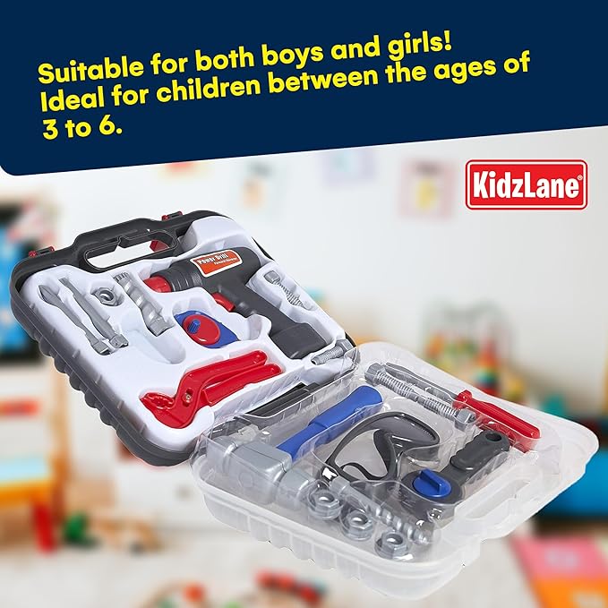Kidzlane Tool Set for Toddlers and Kids - 20pcs Toy Tools with Electronic Cordless Drill and Tool Box - Tool Box for Kids, Toddler Boys and Girls - Kidzlane Tool Set 19 Pieces - Play Tool Kit