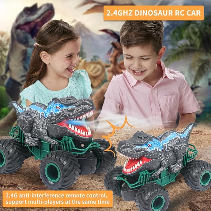 Dinosaur Remote Control Car, 2.4GHz RC Mega Monster Truck Toys for Toddlers, Dinosaur Toys with Light Sound Spray, Christmas and Birthday Gifts for 2 3 4 5 6 7 8-12 Kids Boys,All Terrain RC Cars