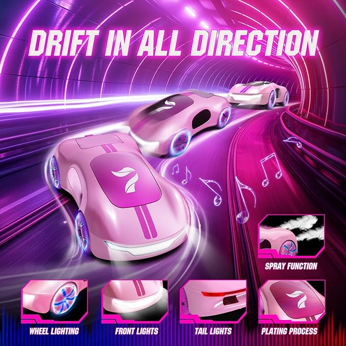Gesture Sensing Remote Control Car, Drift RC Stunt Car with Light Spray & Sound, 2.4GHz Hobby RC Cars Toy for Kids, 360° Rotate, Birthday Gifts for Boys Girls 6-12（Pink）