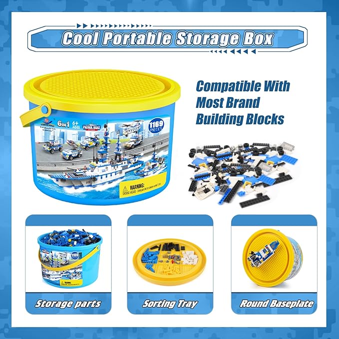 WishaLife 1169 Pieces City Police Station Building Kit, 6 in 1 Military Battleship Building Toy, with Police Cars, Boat, Airplane, Best STEM Construction Toy Gift for Boys and Girls 6-12