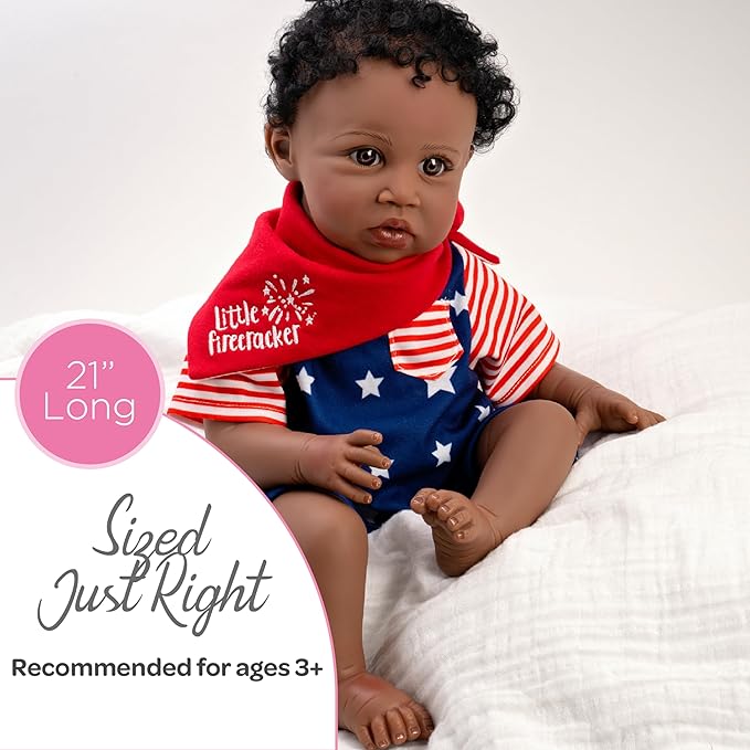 Paradise Galleries 21 Inch African American Realistic Reborn Toddler Boy Doll with Star-Spangled Outfit and Accessories – Little Firecracker