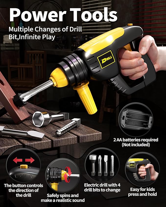 Deejoy Tool Set with Tool Box & Electronic Toy Drill, Pretend Play Kids Construction Kits for Kids Ages 3-5 Years Old, Toddler Boy Toys(Orange)