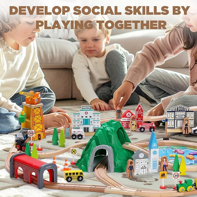 SainSmart Jr. 112-Piece Wooden Train Set for Toddler – Double-Sided Train Tracks, Compatible with Brio, Thomas, Melissa & Doug – Perfect Wood Toy for Boys and Girls