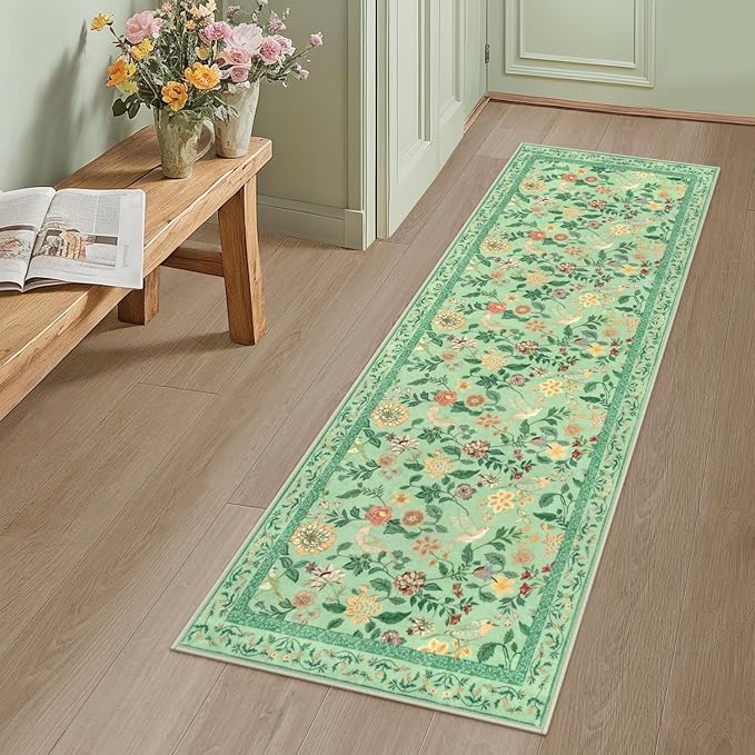 Floral Washable Runner Rug, 2x6 Green Rug Runners for Hallways Non-Slip, Soft Low Pile Flower Birds Long Bathroom Mat Botanical Throw Carpet for Kitchen Laundry Entryway Porch