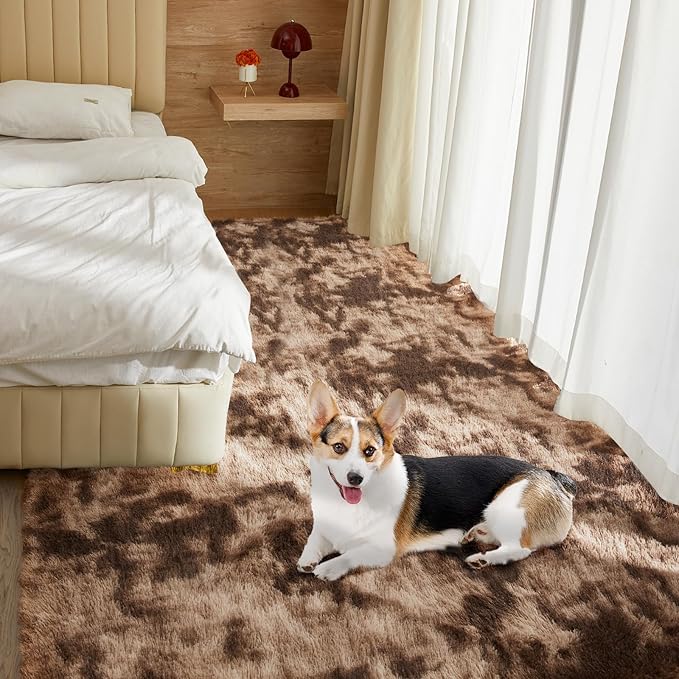 Ultra Soft Rug for Living Room, 6X9 Fluffy Shag Area Rug for Bedroom, Modern Shaggy Carpet Fuzzy Rug for Teens Dorm Nursery Home Decor Aesthetic, Upgrade Anti-Skid Durable, Tie-Dyed Coffee