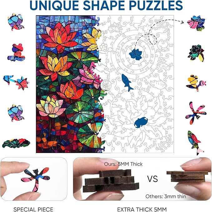 Puzzles for Adults 500 Pieces, Glass Lotus Wooden Puzzles, 5MM Thick Unique Shaped Flower Jigsaw Puzzles Birthday Gifts for Kids Family Game 15.9 * 15.9inch