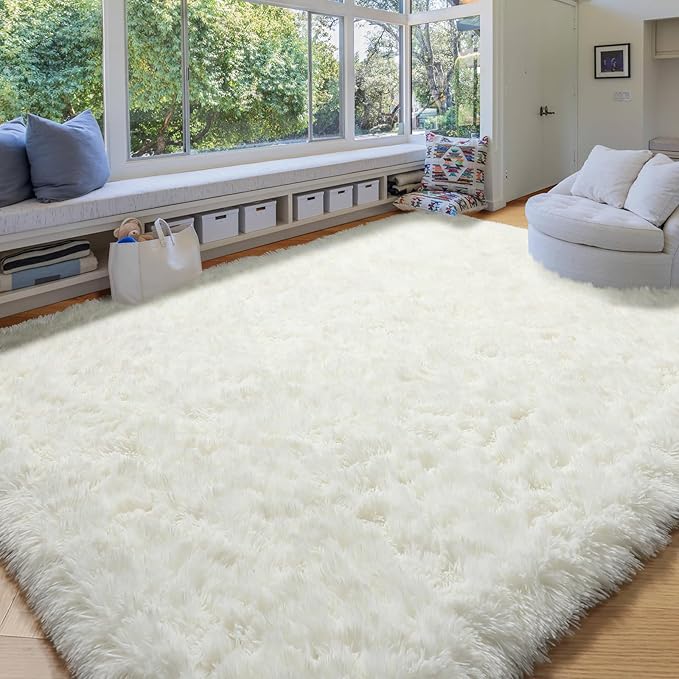 Amdrebio Ivory Area Rugs for Bedroom Living Room, 5x8 Soft Fluffy Modern Indoor Cute Carpet for Kids Room, Home Decor, Thick Fuzzy Rugs for Playroom Nursery Dorm Classroom, Cozy Furry Cream White Rug