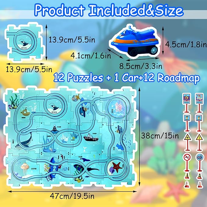 4 Year Old Boy Birthday Gift, Puzzle Racer Kids Car Track Set Puzzle Racer Car Track Set with Roadmap Puzzle Track Car Play Set Toys for 4 Year Old Boys (A-Oceans, Set1-25pcs)