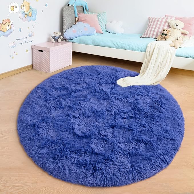 junovo Round Rug 5x5 Feet Fluffy Soft Area Rugs for Kids Girls Room Princess Castle Plush Shaggy Carpet Cute Circle Nursery Rug for Kids Girls Bedroom Baby Room Home Decor Circular Carpet, Navy Blue