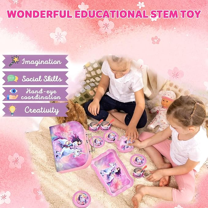 Unicorn Tea Party Set for Toddler Girls – 19-Piece Pretend Play Tin Tea Set with Teapot, Cups, Plates, Spoons & Carrying Case – Princess Kitchen Toys for Kids Ages 3-8 – Birthday Gift