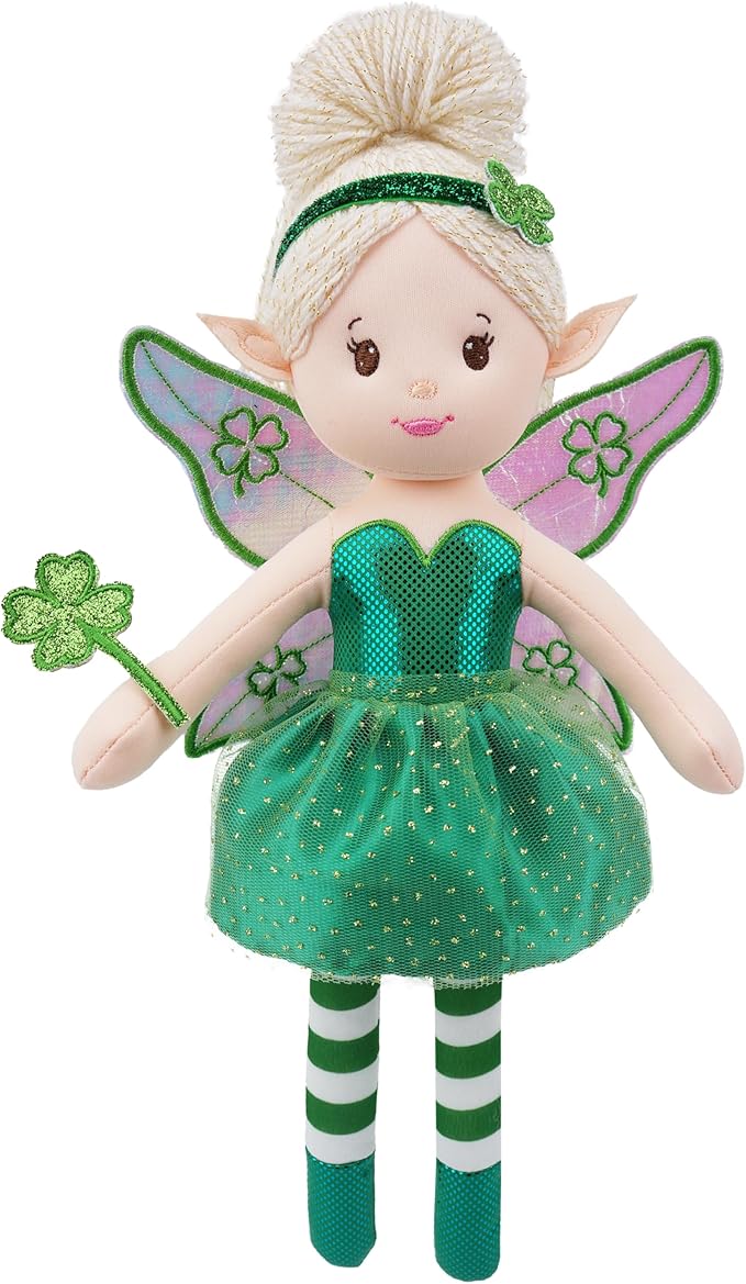 June Garden 12" Enchanted Garden Fairy Doll Clover - Plush Stuffed Soft Doll Girl Gift - Green Outfit and Wings