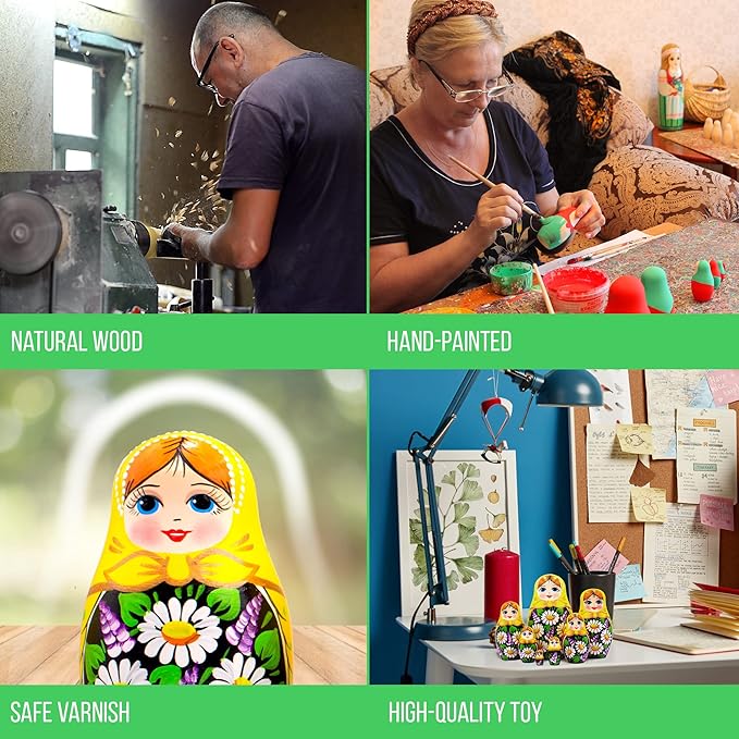 AEVVV Russian Matryoshka Dolls Set of 7 pcs - Russian Dolls in Sarafan Dress with Hand Painted Chamomile and Lilac Flowers - Russian Matreshka