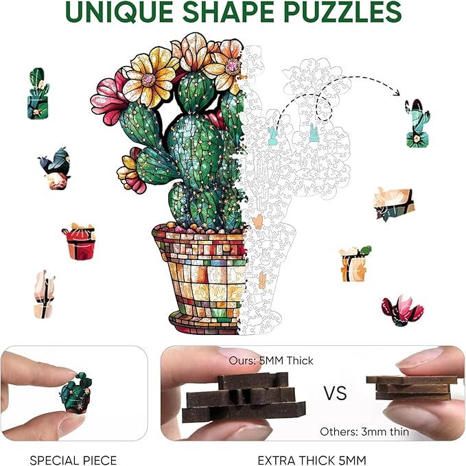 Stained Glass Cactus Wooden Puzzles for Adults, 500 Pieces Jigsaw Puzzles, Unique Shaped Royal Size Liberty Wood Puzzle Gift for Adults and Kids, Family Game 15.2'' x 17.7''