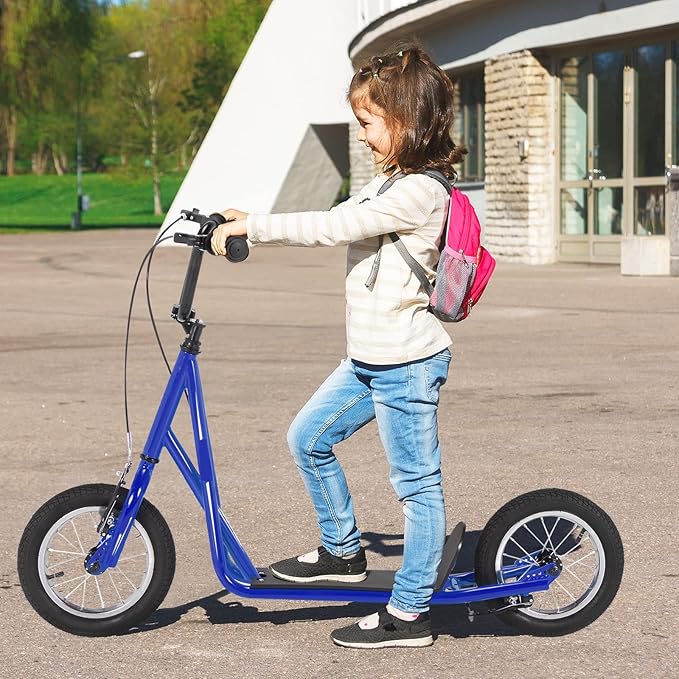 Goplus Youth Kick Scooter, Kids Kick Scooter W/ 12-Inch Air Filled Wheels, Carbon Steel Frame, Adjustable Handlebar, Front and Rear Dual Brakes, Ride On Toys for Adults Teens 8+