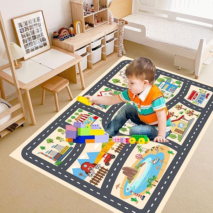 Kids Car Rug Play Mat Carprt for Playroom Classroom, largr Educational Area Rugs with Non-Slip Backing, City Life Play Carpet for Playing Cars Toys Ideal Gift for Children Boy Girl 3.3x4.9ft