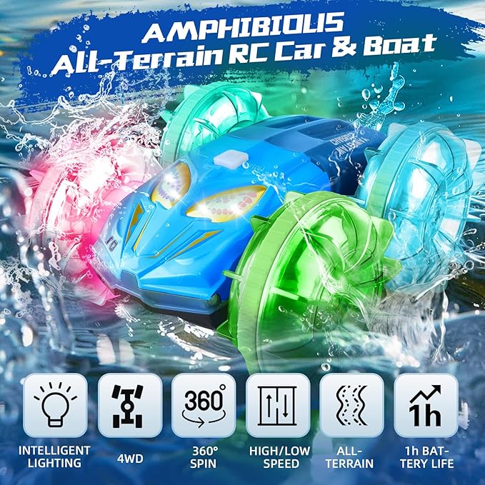 Amphibious Remote Control Car Boat - 4WD RC Stunt Car with Waterproof Gesture Sensing 2.4GHz RC Boat with Lights RC Monster Truck 360° Flips Rotation RC Vehicle Pool Toys Gifts for Boys Girls