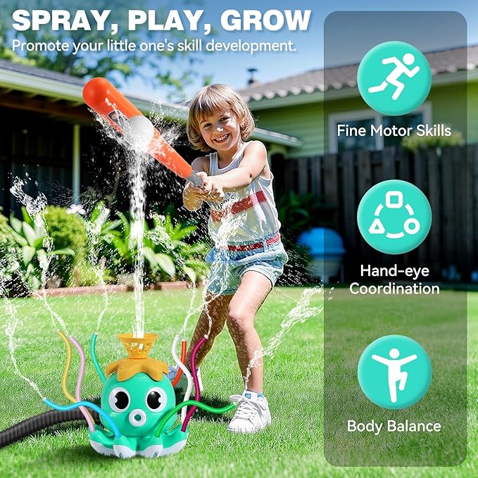 HeySplash Water Sprinkler Baseball Toy, 2 in 1 Water Spray Sprinkler Ball Set with 1 Detachable Sprinkler Head & 8 Wiggle Tubes, Outdoor Summer Toys Outside Toys for Toddlers and Kids, Green Octopus