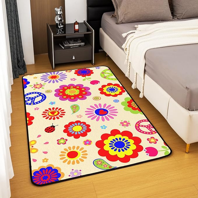 Kids Colorful Flowers Cute Area Rug 5x7 Hippie Peace Symbol Rug for Girls Kawaii Groovy Floral Power Carpet Cartoon Garden Botanical Ladybug Non Slip Decorative Rug for Living Room