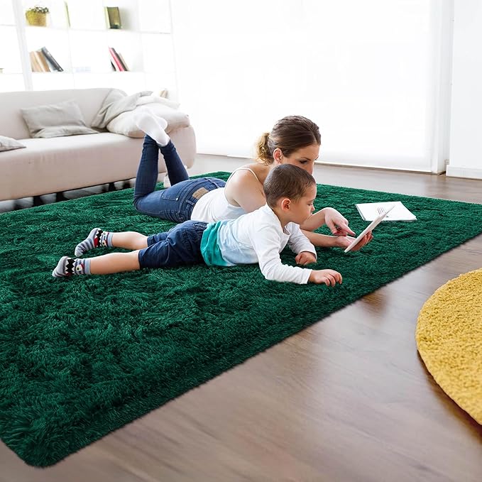 5x8 Fluffy Soft Dark Green Rugs for Living Room Bedroom, Large Plush High Pile Deep Green Carpet for Classroom Kids Boys Playroom Toddler Nursery Dorm Home Decor, Modern Indoor Non Slip Rug