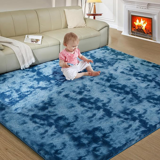 Ultra Soft Rug for Living Room, 8X10 Fluffy Shag Area Rug for Bedroom, Modern Shaggy Carpets Fuzzy Rug for Teens Dorm Nursery Home Decor Aesthetic, Upgrade Anti-Skid Durable, Tie-Dyed Blue Grey