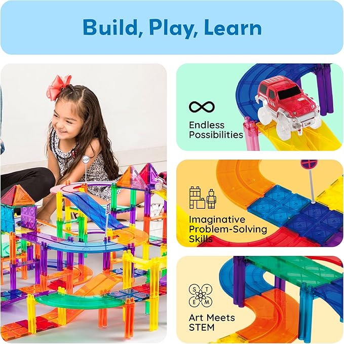 PicassoTiles 150 Piece Race Car Track Building Block Educational Toy Set Magnet Tile Magnetic Blocks Playset 4 Cars Early STEM Learning Construction Kit Hand-Eye Fine Motor Skill Brain Training PTR150