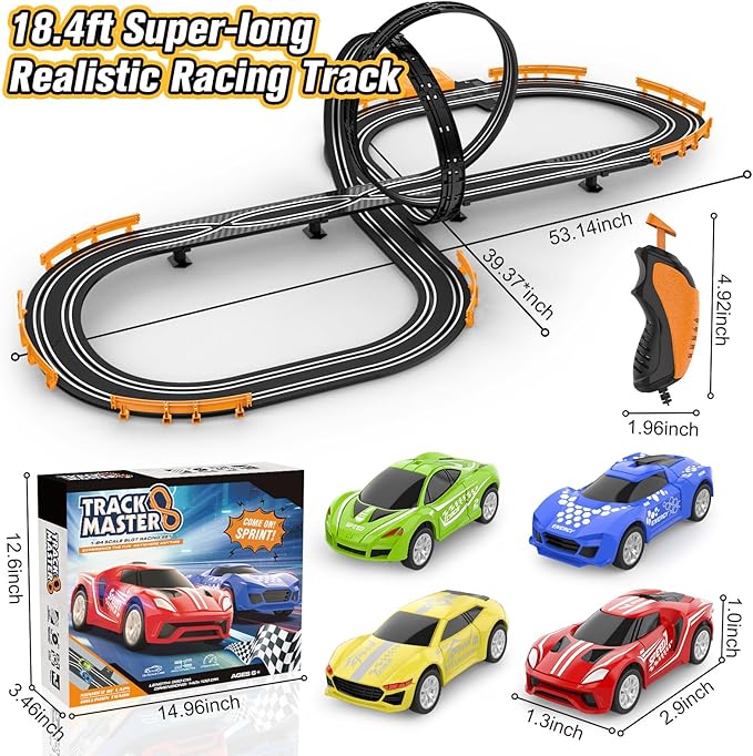 Slot-Car-Race-Track-Sets for Boys Kids, Battery or Electric Race Car Track with 4 High-Speed Slot Cars, Dual Racing Game 2 Hand Controllers Circular Overpass Track, Toys Gifts for 6-8 8-12 Boys Girls