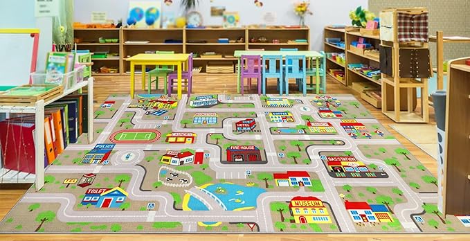 Capslpad Tan Car Road Kid Rug Carpet Playmat for Playoom Traffic Road Kids Play Mat for Toddler Non Slip Washable City Map Race Track Carpet Rug for Kids Room Playroom Classroom Decor,6.6'x9.8'