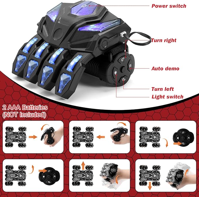 Hand Controlled Remote Control Car, 2.4Ghz Gesture Sensing RC Stunt Car with Wholebody Light & Headlight, Rechargeable 360° Rotating Double Sided RC Cars Black Spider Toys for Boys 4-6 5-7 8-12