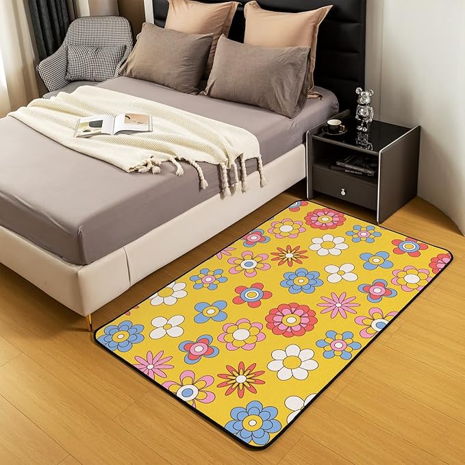 Erosebridal Cute Retro Groovy Flowers Area Rug 3x5 Kawaii Colorful Floral Rug for Kids Girls Bedroom,Cartoon 70S 80S Carpet Hippie Aesthetic Non Slip Living Room Rugs