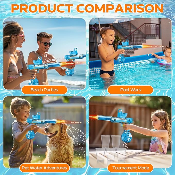 Electric Water Gun for Adults Kids, 2 Pack Automatic Squirt Watergun Pistol with Led Lights, Summer Outdoor Pool Beach Party Toys Black and Blue