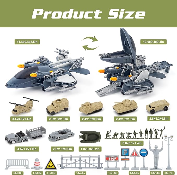 Military Fighter Jet Toys, Army Airplane Toys with 7 Vehicles Trucks Helicopter Army Men, Decorate & Launch The Missile, Birthday for Boys Girls