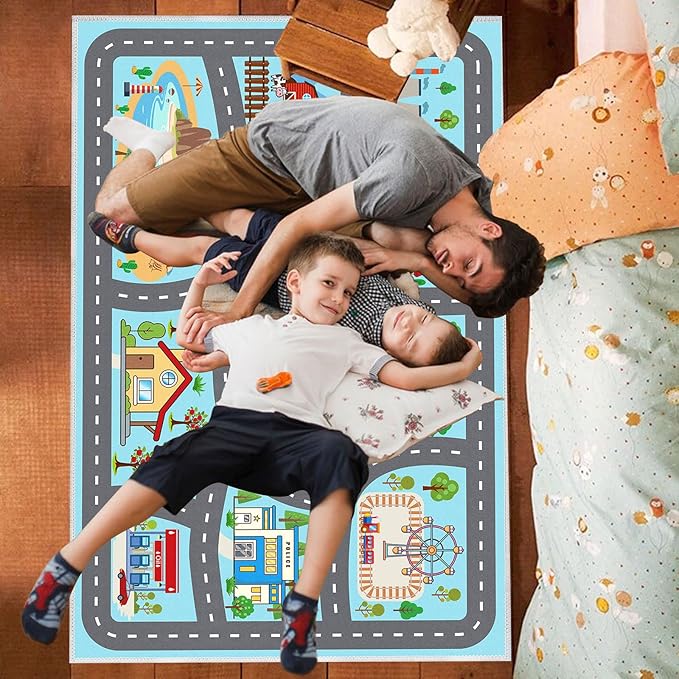 Kids Rug Car Rugs Play mat Carpet for Kids Toy Cars for Playroom Classroom Kids Room, Educational Area Rugs with Non-Slip Road Traffic Floor Rug Mats, Ideal Gift for Nursery Children Boy Girl 4x6ft