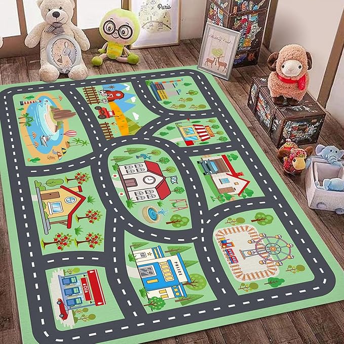 Kids Rug Car Rugs Playmat Carpet for Play Toy Cars for Playroom Classroom Kids Room, Educational Area Rugs Non-Slip Road Traffic Floor Rug Mats, Ideal Gift for Nursery Children Boy Girl 2.6x3.9ft