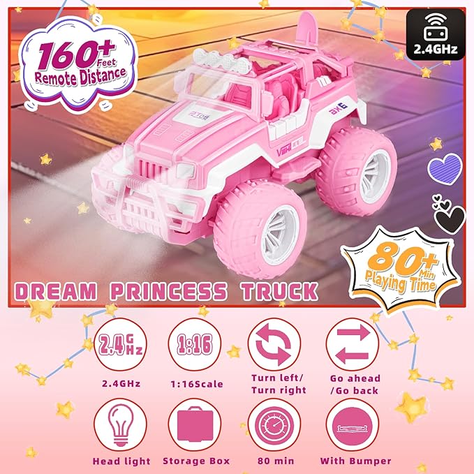 Pink Remote Control Car for Girls, 1:16 Scale RC Jeep with LED Light & Rechargeable Batteries, 80 Min Playtime 2.4 GHZ Pink Truck Toy, Car Toys Gifts for Girls