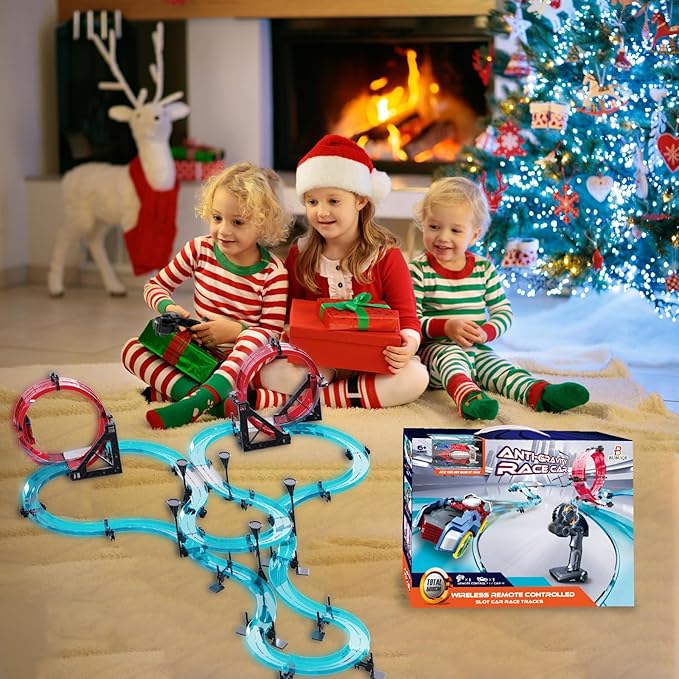 Slot Car Race Track Sets Electric Remote Control Car Track Racing Game Rechargable Magnetic Cars Racing with Hand Controllers Circular Overpass Track Toys for Boys Kids Age 6 7 8-12