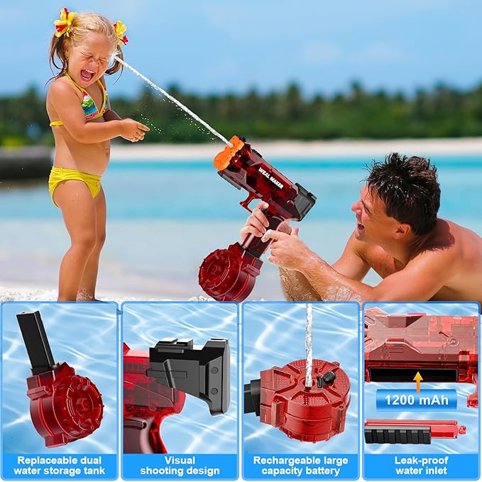 artcool Stronger Electric Water Gun for Kid/Aldult,Transparent Automatic Squirt Guns High Powered IP67 Waterproof, Water Guns with 400 Ammos for Outdoor Summer Beach Pool （Red）