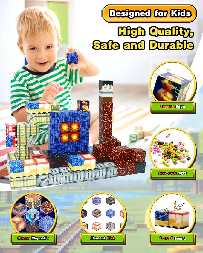Magnetic Blocks Building Toys for Kids: 100PCS Magnet Cubes Trains Set - Kids Toys for Christmas Birthday Gifts - Magnetic World for Boys & Girls 3+