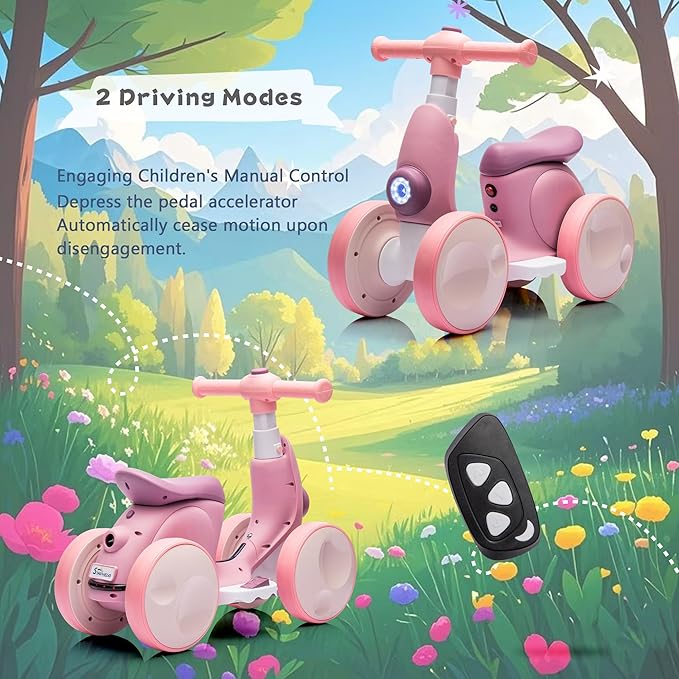 6V Electric Baby Balance Bike for 1 Year Old Boys Girls Ride on Toys 12-48 Months Toddler Balance Bike, 4 Wheels Kids First Bike with Remote Control First Birthday Gifts- Purple