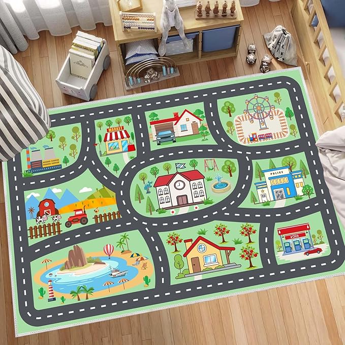 Kids Rug Car Rugs Playmat Carpet for Play Toy Cars for Playroom Classroom Kids Room, Educational Area Rugs Non-Slip Road Traffic Floor Rug Mats, Ideal Gift for Nursery Children Boy Girl 2.6x3.9ft