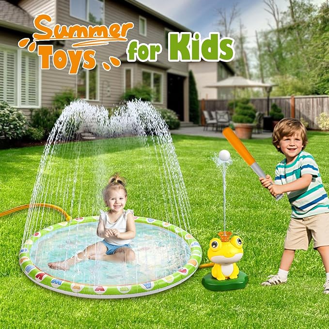 Water Sprinkler Baseball Toy for Kids with Splash Pad Outdoor Toddler Toys Kids with 2 Sprinkler Heads 360° Rotating Spray Water Baseball, Toddler Summer Activities for 3-8 Years Old Boys & Girls