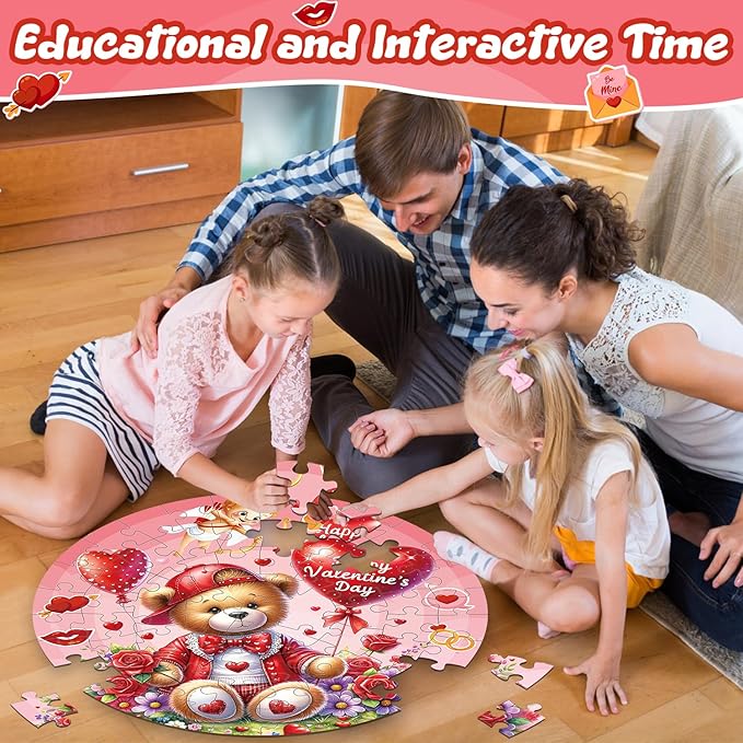 Valentines Floor Puzzles for Kids Age 4-8, Valentiens Day Gifts for Kids Classroom Exchange Gifts Love Bear and Balloons Large Jigsaw Puzzles Educational Learning Toys