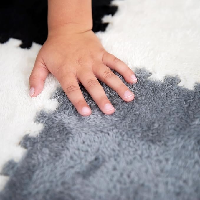 16 Piece Carpet Squares Puzzle Mat 49" x 49" Plush Interlocking Carpet Tiles, Foam Floor Tiles for Baby Play Mat - Kids Soft Play Mats Anti Slip Jigsaw Flooring Playmat Playroom Rug (Black,Gray,White)