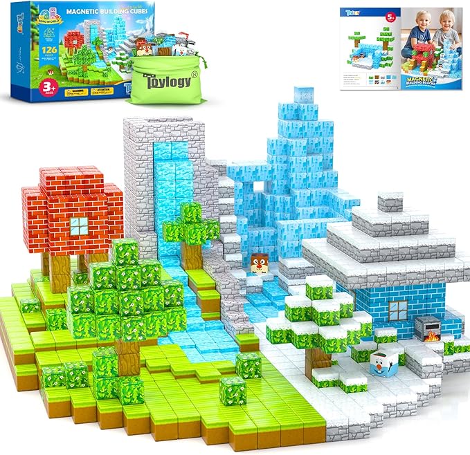 126PCS Magnetic Blocks-Mine Magnet World Forest & Ice Edition, Sensory Building Blocks Set STEM Construction Toys for Toddlers Kids Ages 3-5 5-7 8-13, Gifts for 3-8 Year Old Boys Girls