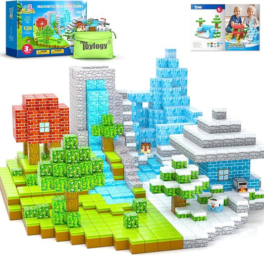 126PCS Magnetic Blocks-Mine Magnet World Forest & Ice Edition, Sensory Building Blocks Set STEM Construction Toys for Toddlers Kids Ages 3-5 5-7 8-13, Gifts for 3-8 Year Old Boys Girls