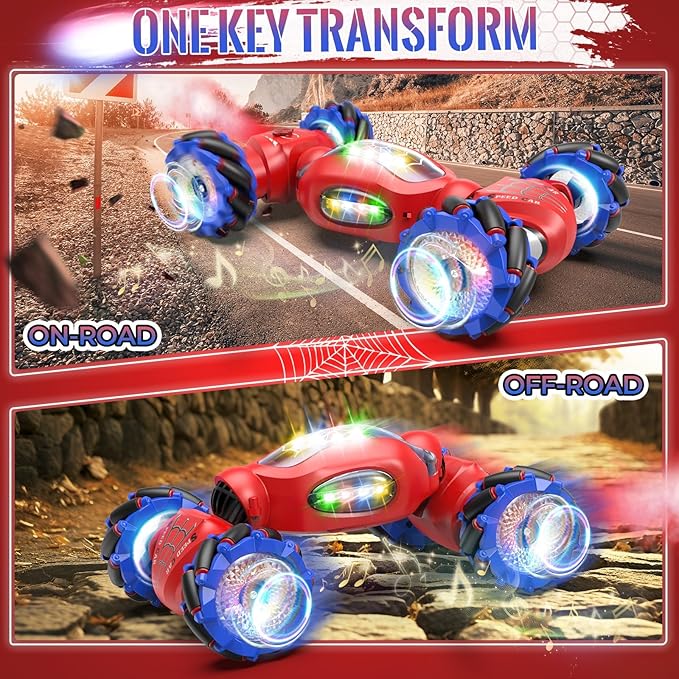 Spider Remote Control Car Toys for 6-12 Boys Girls, Birthday Gifts for Kids, 2.4Ghz 4WD Gesture Sensing RC Stunt Car with Light & Music & Spray, Double-Sided 360° Rotating Hand Control