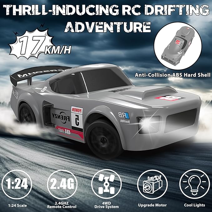 RC Drift Car, 1/24 Remote Control Car, 2.4Ghz 17KM/H High Speed RC Cars with LED Lights, Extra Tires, 2 Rechargeable Batteries, 4WD Racing Car Toys Christmas Birthday Gift for Kids Boys Girls Adults