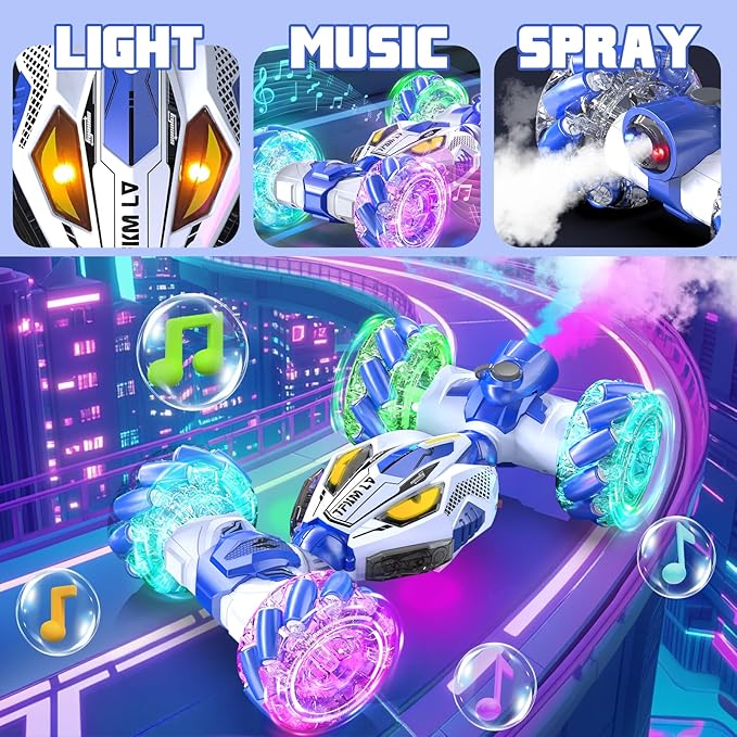 Gesture Sensing RC Stunt Cars - Toys for Boys Girls 6-12 | Best Gifts for Kids 6-12 Years Old | 4WD 360° Rotating Remote Control Transform Car | All-Terrain Off Road Vehicle with Lights Music Blue