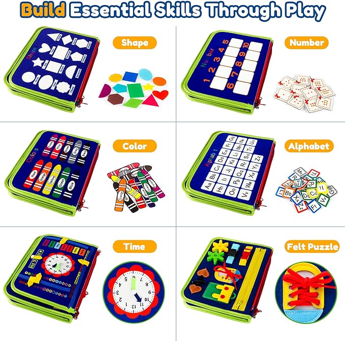 Toddler Busy Board Montessori Toys for 1 2 3 4 Year Old Boy Girl Birthday Gift, Sensory Toys for Toddlers Age1-3, Toddler Travel Busy Books for Airplane Car, Educational Preschool Learning Activity