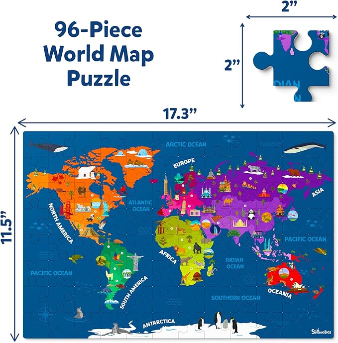 Skillmatics World Map Puzzle - 96 Piece Jigsaw Puzzle, Educational Toy, Geography for Kids, 400+ Facts, Gifts for Boys & Girls Ages 6 to 12